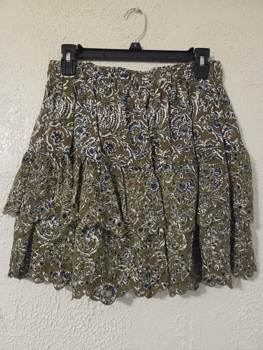 Envogue Olive Floral Lace Tiered Mini Skirt with Blue Accents